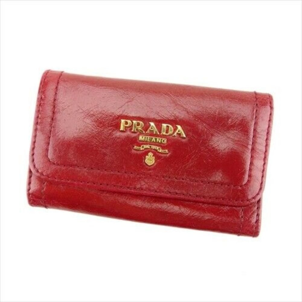 AUTH Prada Key case Key holder Logo Red Gold leather Woman